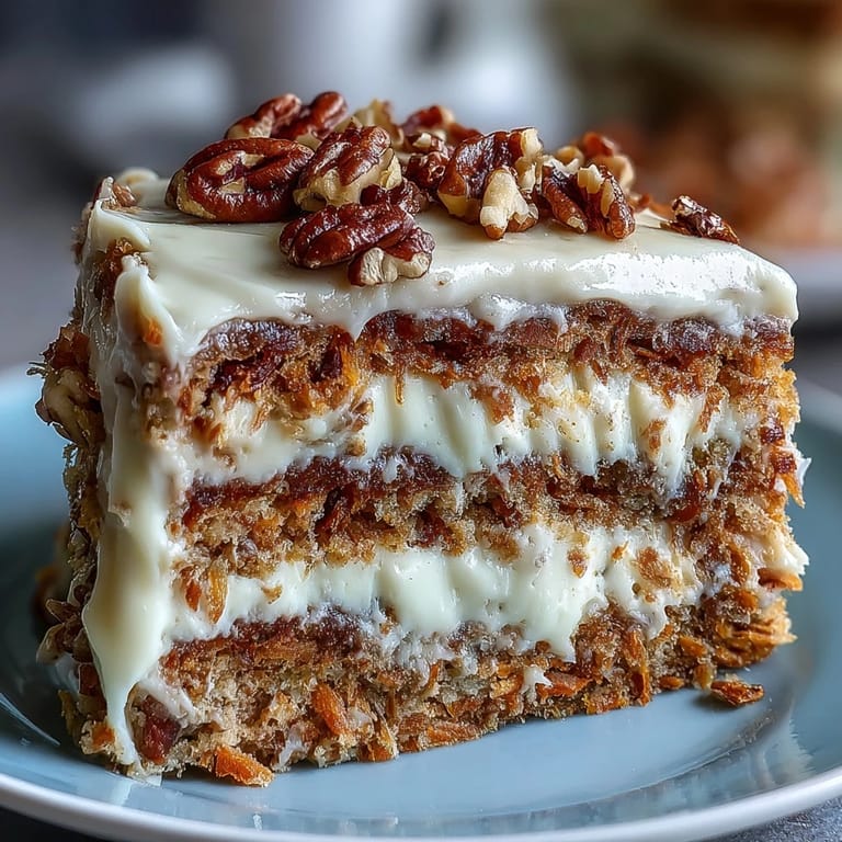 Fluffy carrot and walnut cake slices with smooth cream cheese frosting, decorated with carrot curls and toasted walnuts for texture.