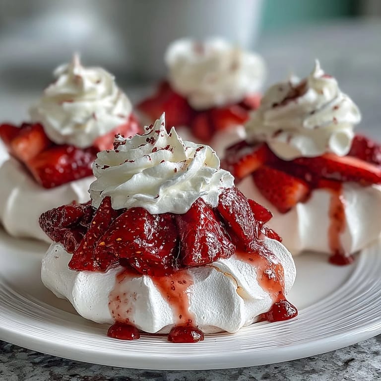 Golden-brown meringue nests filled with airy whipped cream and juicy strawberries, perfect for elegant spring entertaining.