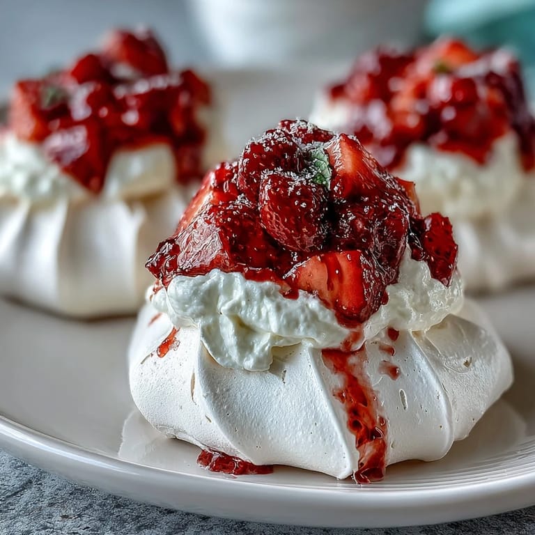 Crunchy meringue bases crowned with billowy vanilla cream and vibrant strawberry slices, a gluten-free dessert showstopper.