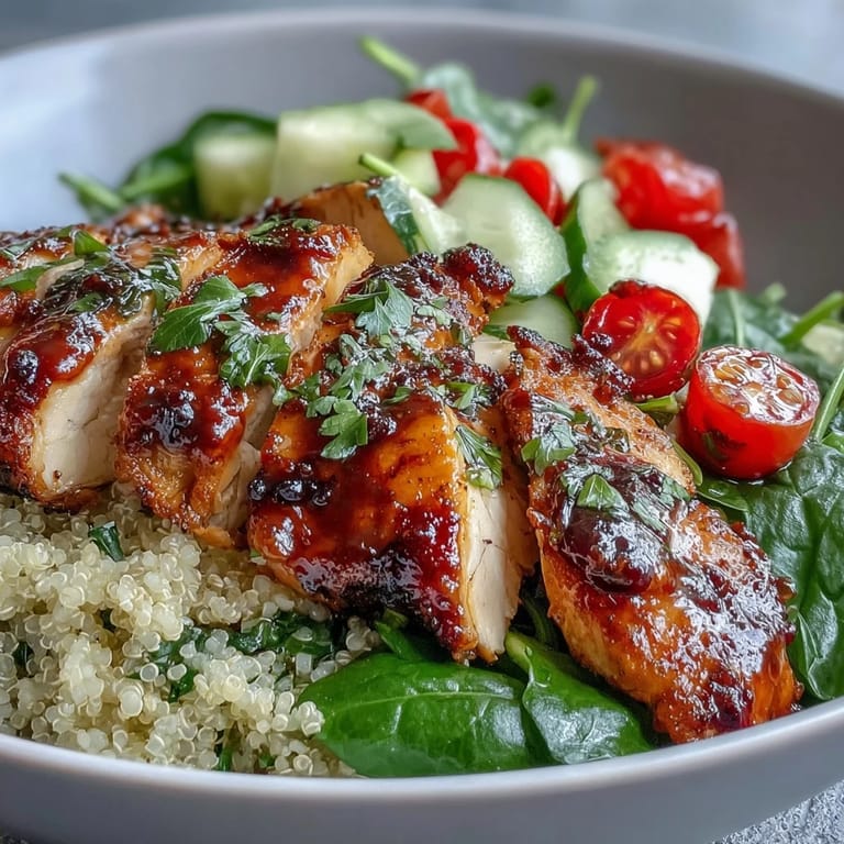 Zesty lemon vinaigrette grilled chicken served over quinoa with cherry tomatoes, cucumber, and bell peppers for a vibrant, nutritious meal.