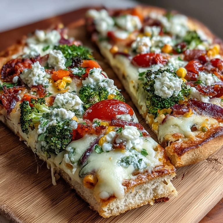 Festive St. Patrick's Day flatbread pizza loaded with rainbow vegetables and melted cheese, perfect for spring celebrations.