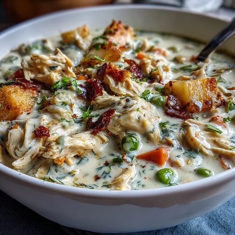 Creamy slow cooker chicken pot pie soup with shredded chicken, carrots, and peas in a rich, comforting broth.