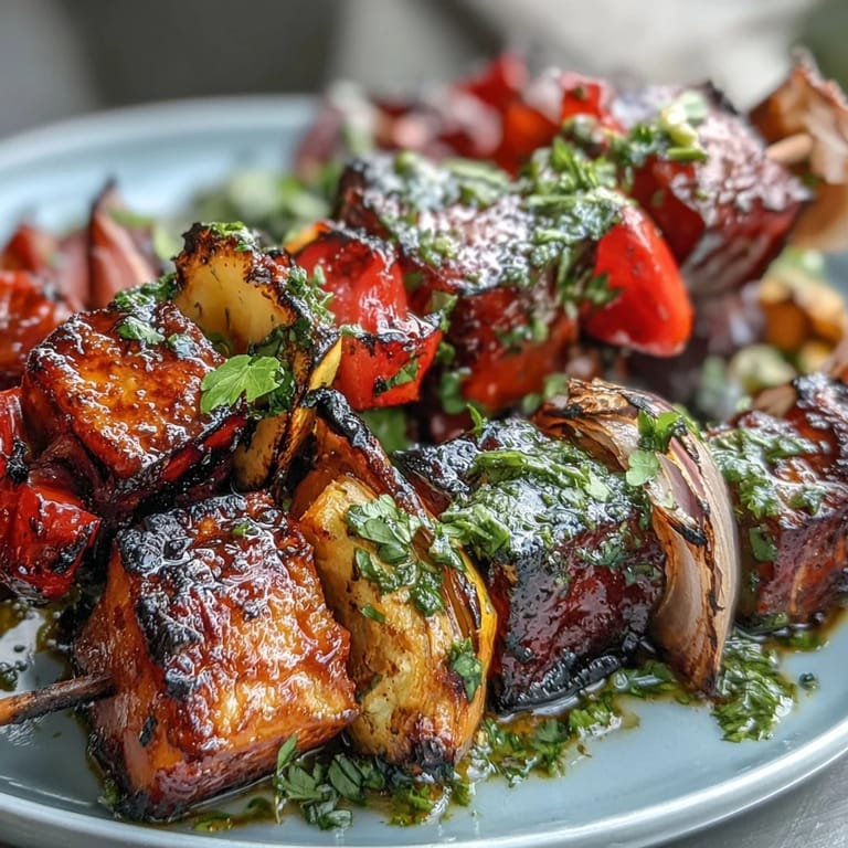 Charred veggie skewers with bell peppers, red onion, and eggplant, served with fresh herby chimichurri—perfect for outdoor dining.