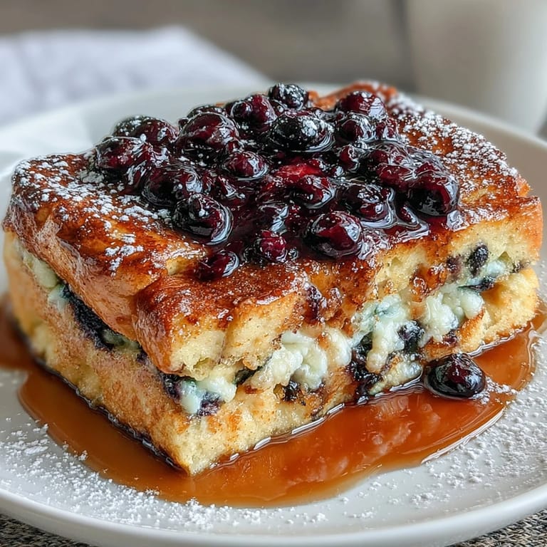 Warm blueberry pancake casserole with powdered sugar dusting, perfect for a cozy weekend brunch spread.  