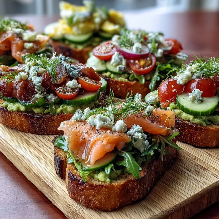 Vibrant avocado toast board with smoked salmon, featuring ripe avocado, cherry tomatoes, cucumber, and radishes for a fresh and elegant brunch centerpiece.