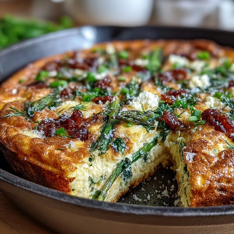 A golden-brown frittata packed with fresh asparagus, crumbled goat cheese, and vibrant herbs, served warm for a satisfying spring brunch centerpiece.
