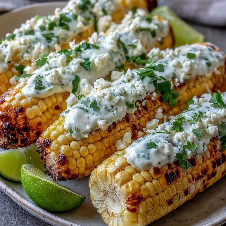 Warm corn slathered in tangy lime sauce and sprinkled with crumbly Cotija cheese, perfect for a vibrant snack or side.