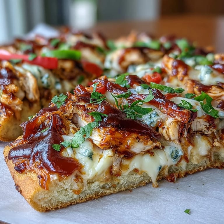 Crispy flatbread pizza loaded with saucy BBQ chicken, red onion, and jalapeños, finished with a cilantro garnish.