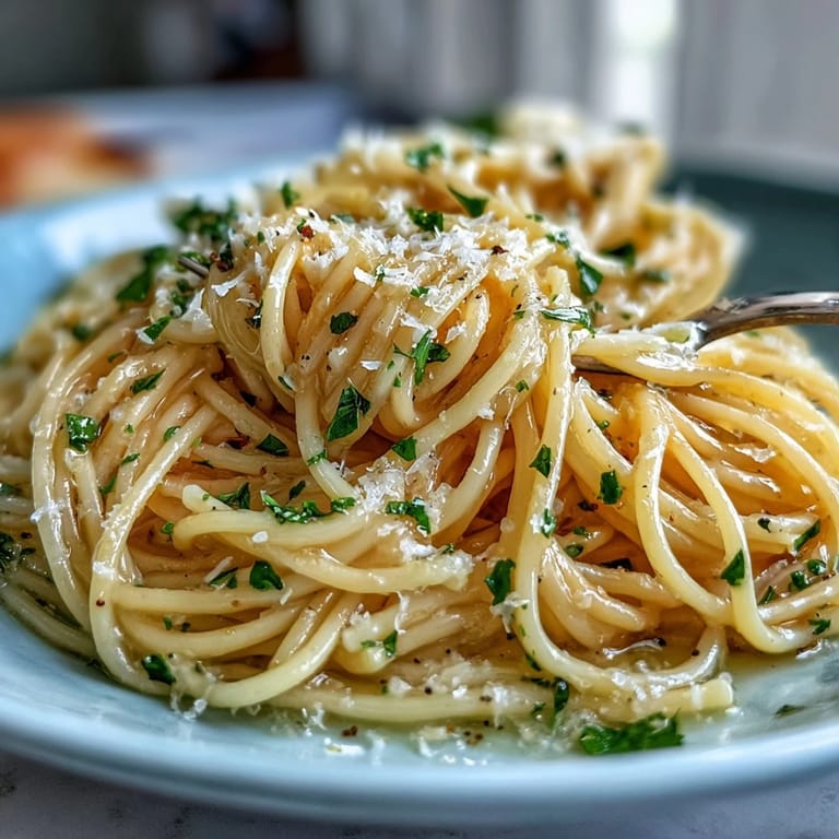 Fresh lemon butter pasta twirls on a fork, coated in rich sauce and garnished with chopped parsley.