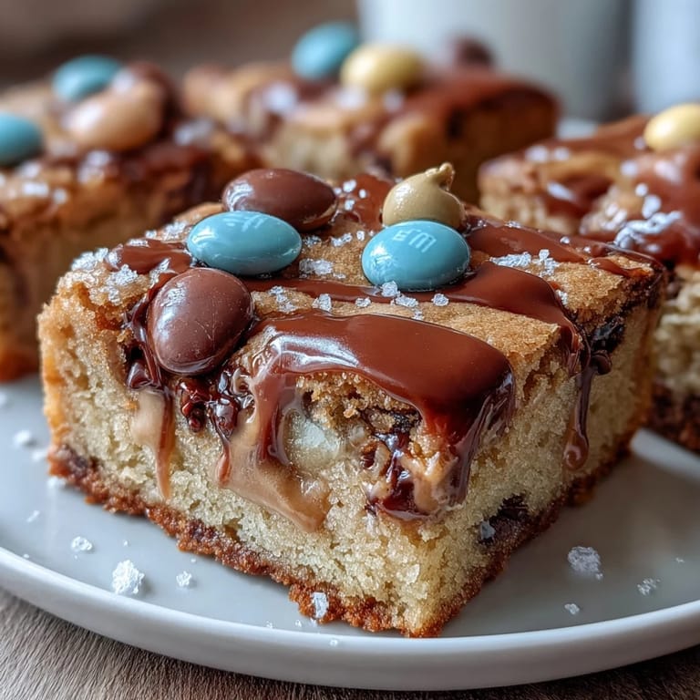 Soft and gooey peanut butter cookie bars loaded with Easter egg chocolates, topped with extra candy for a festive springtime treat.