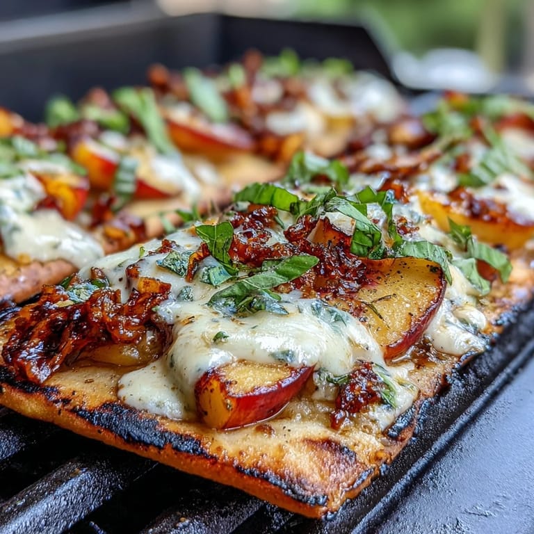 Smoky grilled peaches and creamy Brie cheese melt over BBQ-sauced flatbread, garnished with arugula and a honey drizzle.