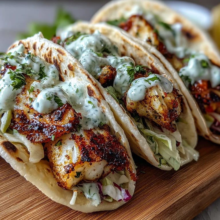 Grilled fish tacos with coconut lime marinade, topped with vibrant slaw and creamy sauce, served on soft tortillas.