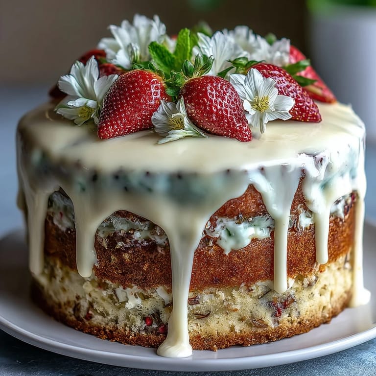 Spring cake masterpiece with strawberry buttercream, white chocolate drip, and fresh edible blooms, perfect for festive celebrations and special occasions.