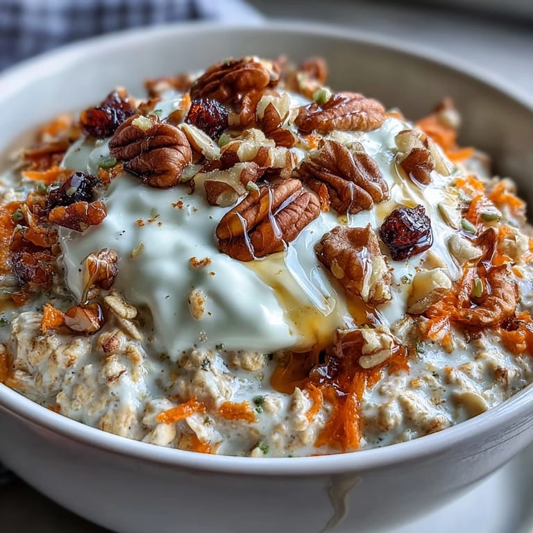 Delicious Carrot Cake Overnight Oats layered with shredded carrot and spices, ready to eat.