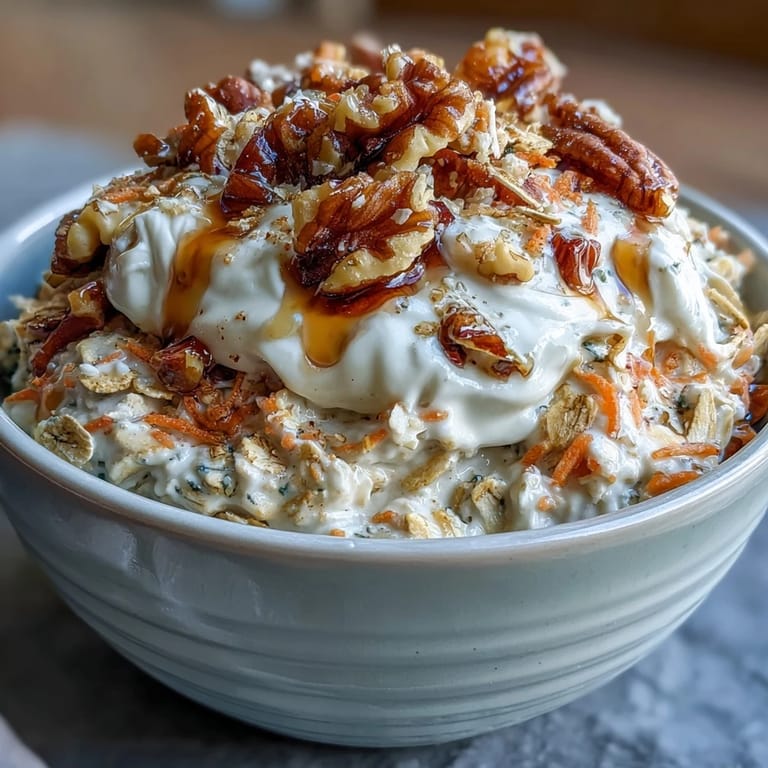 Overnight oats blended with carrots, cinnamon, and walnuts for an easy breakfast delight.