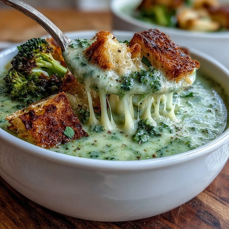 Hearty Broccoli Cheddar Soup, served warm with vibrant green florets.