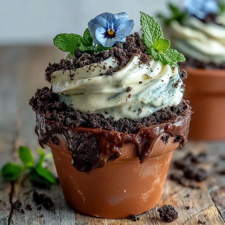 Rich chocolate brownies topped with whipped cream and crushed Oreo "dirt," decorated with edible flowers in charming mini flower pots.