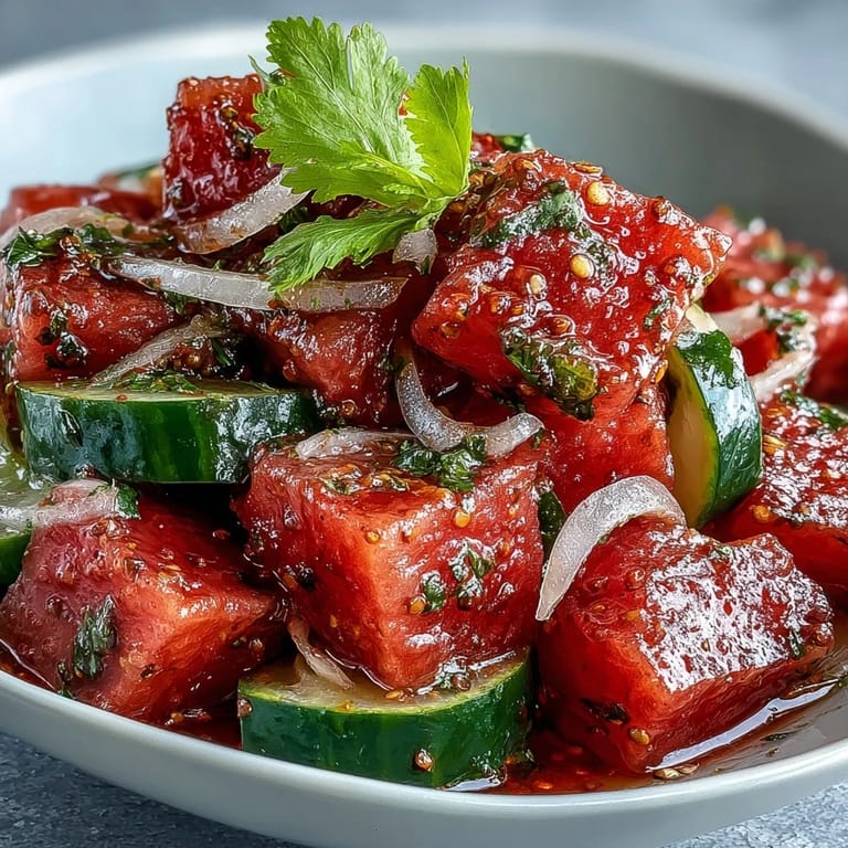 Refreshing summer salad with Tajin and lime, featuring colorful watermelon, cucumber, and red onion with fresh cilantro garnish.  