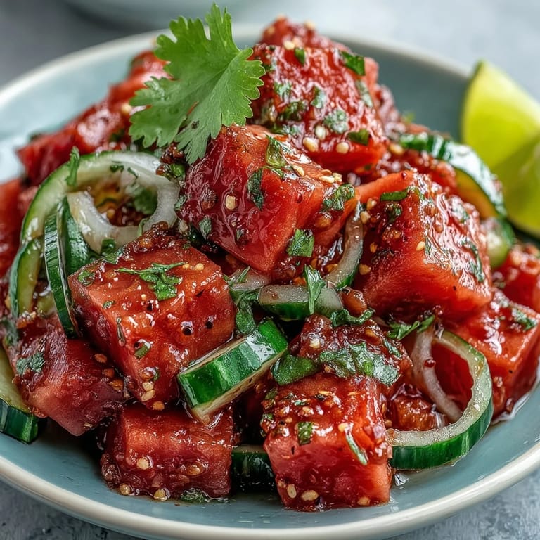 Zesty Watermelon Cucumber Salad with Tajin and Lime, topped with crumbled feta and lime wedges for a bright, tangy finish.