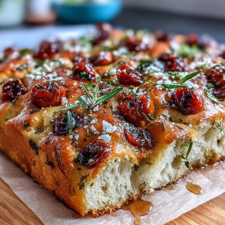 Golden Spring Herb Focaccia, a dimpled, aromatic loaf ready for dipping.