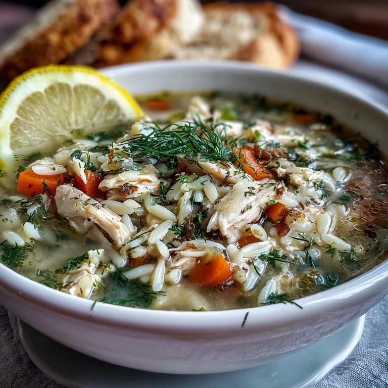 Lively Greek lemon chicken soup, showcasing fluffy orzo and aromatic herbs.