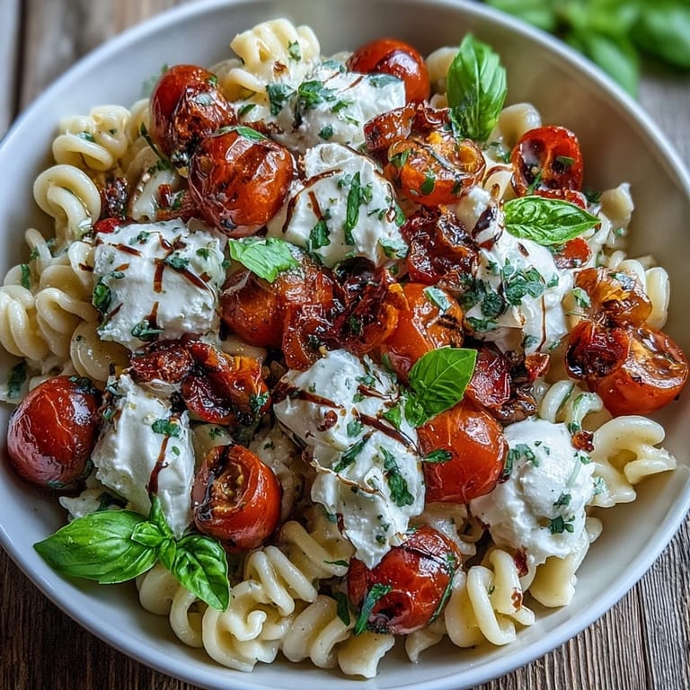 Vibrant summer Caprese pasta, rich with burrata, basil, and juicy tomatoes.