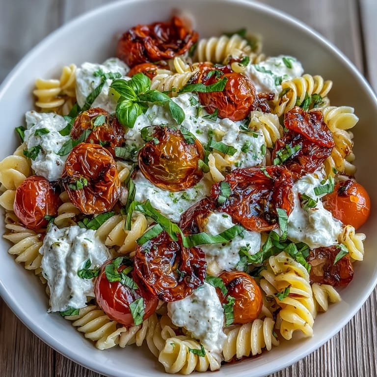 Delicious summer Caprese pasta dish featuring creamy burrata, basil, and tomatoes.
