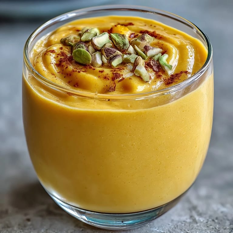 Vibrant mango lassi smoothie, blended smooth with sweet fruit flavor and warm cardamom.