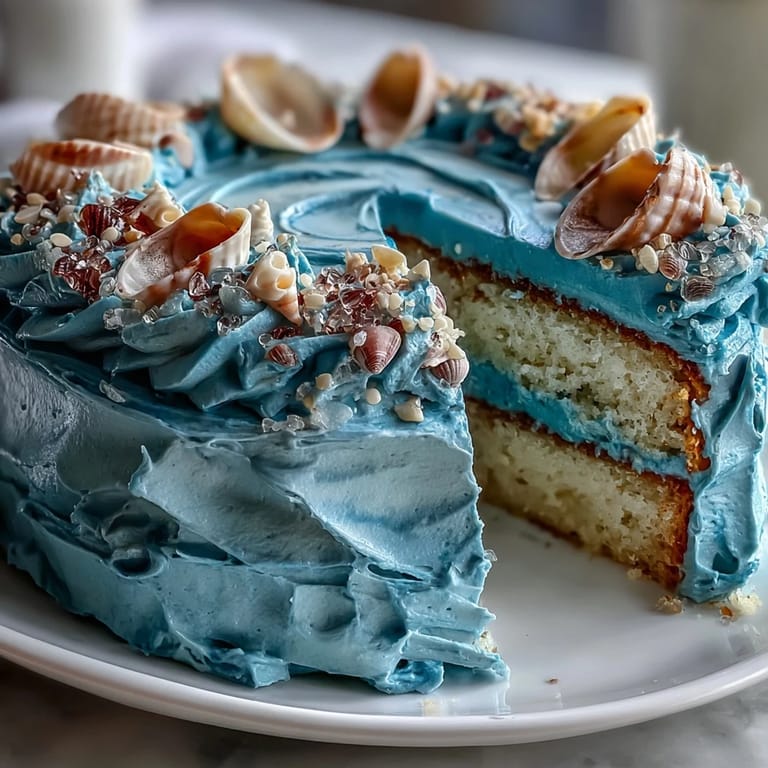 Moist vanilla Cancer Zodiac Cake, artfully designed with edible seashells and oceanic hues.