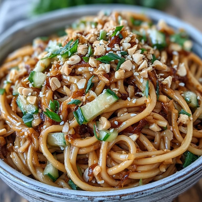 Tantalizing Cold Peanut Sesame Noodles with crunchy peanuts, a perfect summer meal.