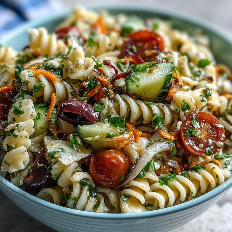 Delicious Memorial Day Pasta Salad, showcasing rotini pasta, bright veggies, and a satisfying dressing.