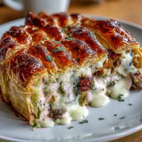 Golden, flaky puff pastry top of the Chicken and Leek Pie reveals a creamy filling of tender chicken, leeks, and smoky bacon through a decorative lattice cut.