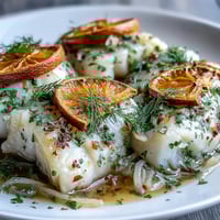 Four poached cod fillets served on white plates, garnished with sliced fennel, sweet orange segments, and fresh fennel fronds in a light aromatic broth. 
