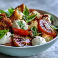 Fresh mozzarella balls and heirloom tomatoes in a Caprese Salad Bowl with torn bread and fresh basil leaves. 