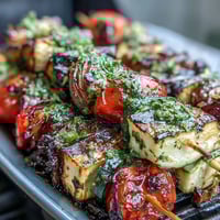 Colorful grilled vegetable skewers featuring bell peppers, zucchini, and mushrooms, drizzled with vibrant chimichurri sauce for a summer feast.