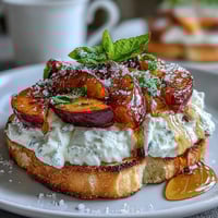 Golden honey peach burrata toast with creamy cheese, fresh peaches, and a drizzle of honey for a perfect spring brunch.