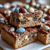 Chewy peanut butter Easter egg cookie bars with colorful candies and chocolate chips, baked to golden perfection in a 9x9-inch pan.