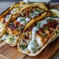Zesty coconut lime grilled fish tacos with tender marinated fillets, crunchy cabbage slaw, and tangy crema in warm tortillas.  