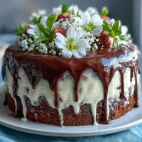 Floral drip cake with strawberry frosting, featuring moist vanilla layers and a white chocolate ganache cascade, topped with vibrant edible flowers.