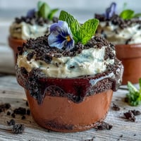Flower pot brownies with Oreo dirt, decorated with edible flowers and mint, served in mini terracotta pots for Mother's Day.