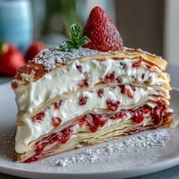 Elegant Mother's Day crepe cake with delicate layers of crepes and creamy strawberry mascarpone filling.