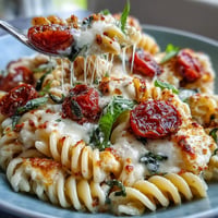 Creamy baked feta pasta with cherry tomatoes and basil, served hot in a rustic dish.  