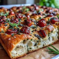 Fluffy Spring Herb Focaccia strewn with bright tomatoes and fresh herbs.
