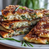 Golden, flaky Spring Onion Pancakes sizzling on the stove, ready to serve.