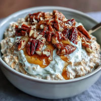 Creamy Carrot Cake Overnight Oats topped with walnuts, a perfect breakfast treat.