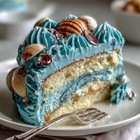 Ocean blue Cancer Zodiac cake with delicate edible shells and creamy frosting.