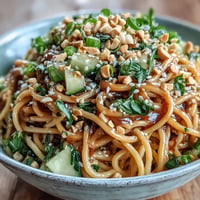 Creamy Cold Peanut Sesame Noodles topped with crisp cucumber, vibrant and refreshing.